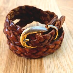 Lands End braided leather belt, Gold toned buckle size 32